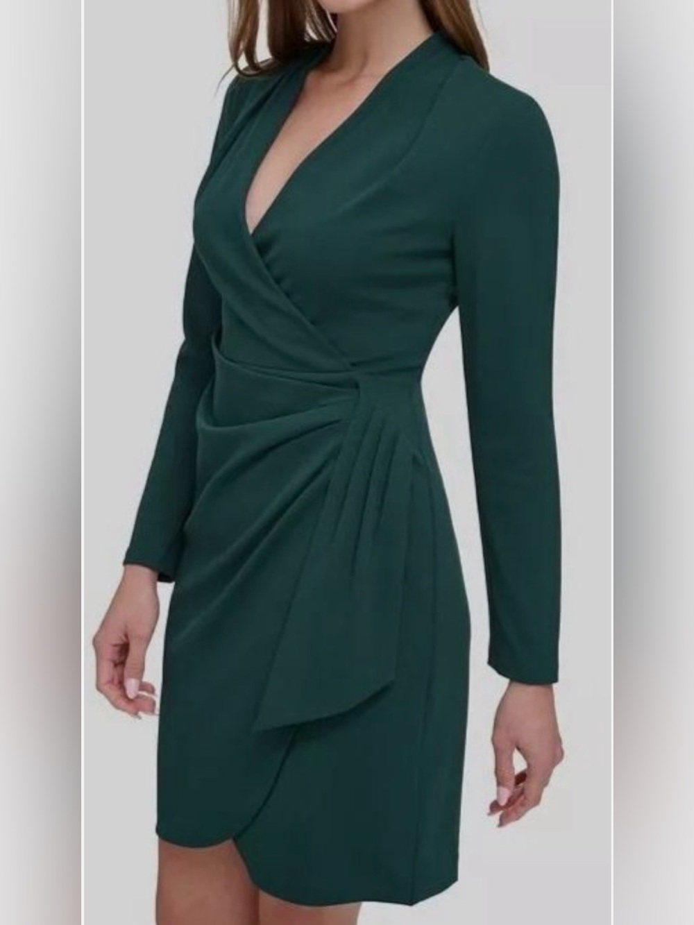 DKNY Women's Green Pine Draped Ruched V-Neck Sheath Dress Size 8